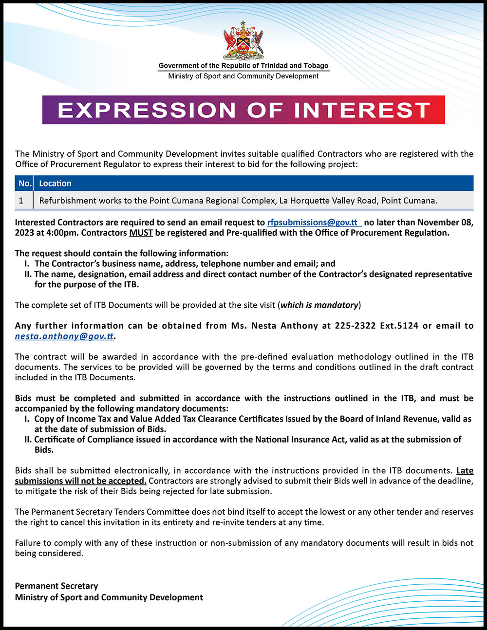 Expression of Interest – Refurbishment works to the Point Cumana Regional Complex, La Horquette Valley Road, Point Cumana