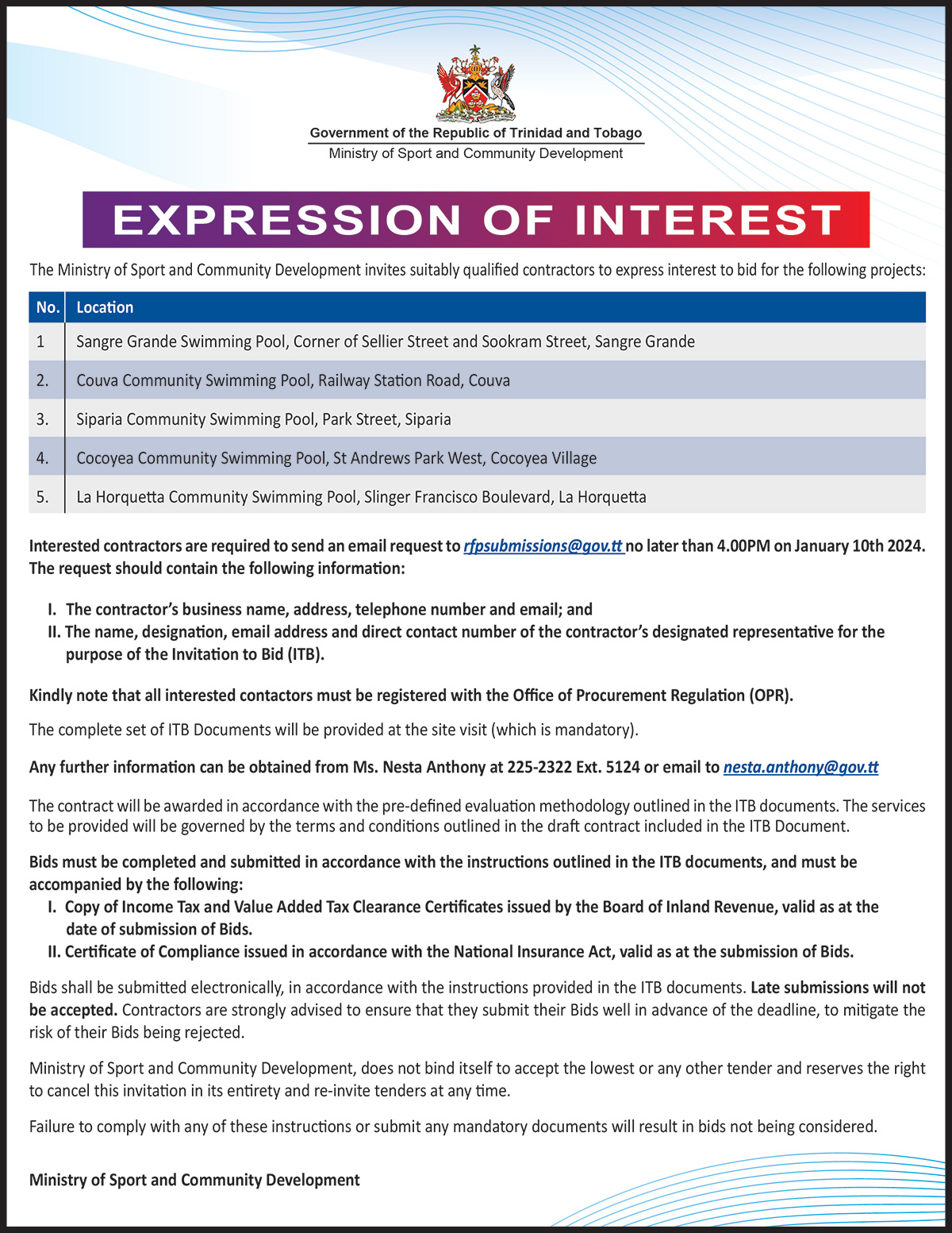 Expression of Interest – Invitation to Bid for Refurbishment work for Swimming Pools