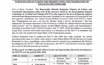 MINISTER BENJAMIN CALLS FOR GREATER ACCOUNTABILITY AND MUTUAL PARTICIPATION IN TAKING THE PRESERVATION AND CELEBRATION OF EMANCIPATION FORWARD