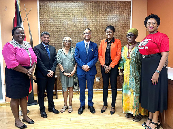 Photo 1 (21.05.2025): The Honourable Michelle Benjamin, Minister of Culture and Community Development (fifth from left) poses with (left to right) Ms. Kadija Dyer, Finance Officer - ESCTT, Mr. Videsh Maharaj, Permanent Secretary - MCCD, Ms. Jacquie Burgess, Director of Culture - ESCTT, Dr. Narindra Roopnarine, Parliamentary Secretary - MCCD, (right of Minister Benjamin) Ms. Zakiyah Uzoma-Wadada, Executive Chair – ESCTT, and Ms. Keiba Jacob Mottley, Chief Executive Officer – NCC.