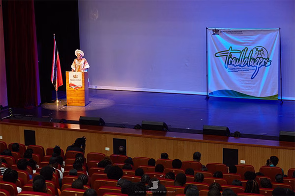 Photo 1: The Honourable Michelle Benjamin, Minister of Culture and Community Development delivers her feature address to the successful applicants of the Trailblazers: National Youth Apprenticeship Community Development Programme 2025, during the registration and orientation session held at SAPA on July 28, 2025.